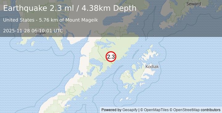 Earthquake 84 km NW of Karluk, Alaska (2.3 ml) (2025-11-28 06:10:01 UTC)