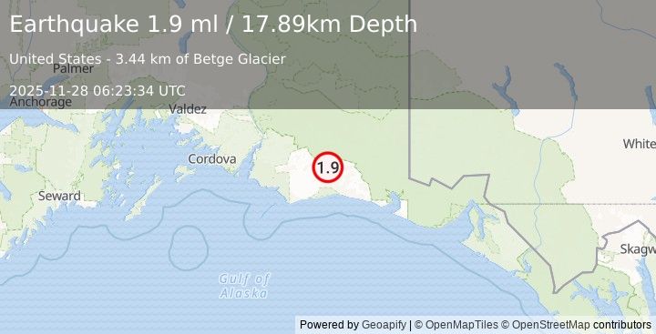 Earthquake 110 km S of McCarthy, Alaska (1.9 ml) (2025-11-28 06:23:34 UTC)