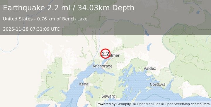 Earthquake 5 km NW of Meadow Lakes, Alaska (2.2 ml) (2025-11-28 07:31:09 UTC)