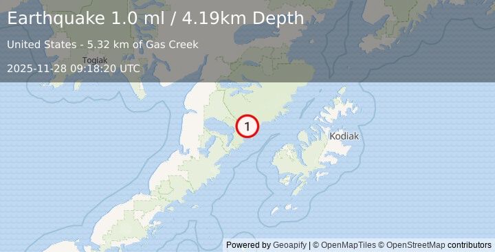 Earthquake 75 km NW of Karluk, Alaska (1.0 ml) (2025-11-28 09:18:20 UTC)
