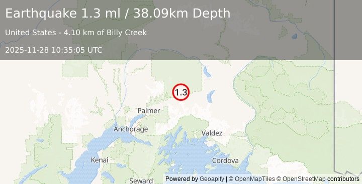 Earthquake 19 km N of Glacier View, Alaska (1.3 ml) (2025-11-28 10:35:05 UTC)