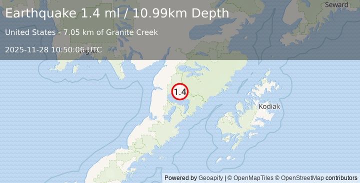 Earthquake 62 km E of Egegik, Alaska (1.4 ml) (2025-11-28 10:50:06 UTC)
