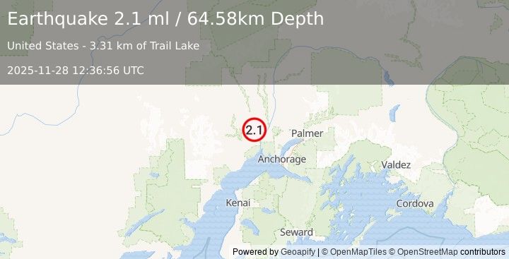 Earthquake 17 km NW of Susitna, Alaska (2.1 ml) (2025-11-28 12:36:56 UTC)