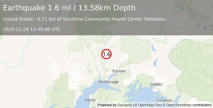 Earthquake 10 km WNW of Susitna North, Alaska (1.6 ml) (2025-11-28 12:40:06 UTC)