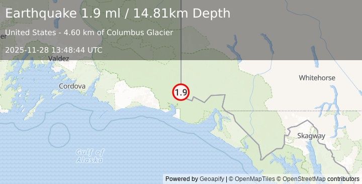 Earthquake 119 km NW of Yakutat, Alaska (1.9 ml) (2025-11-28 13:48:44 UTC)