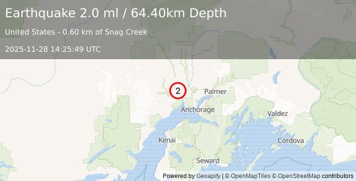 Earthquake 15 km WNW of Susitna, Alaska (2.0 ml) (2025-11-28 14:25:49 UTC)