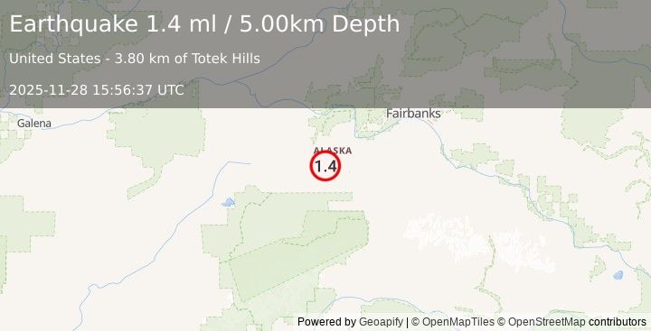 Earthquake 32 km W of Clear, Alaska (1.4 ml) (2025-11-28 15:56:37 UTC)