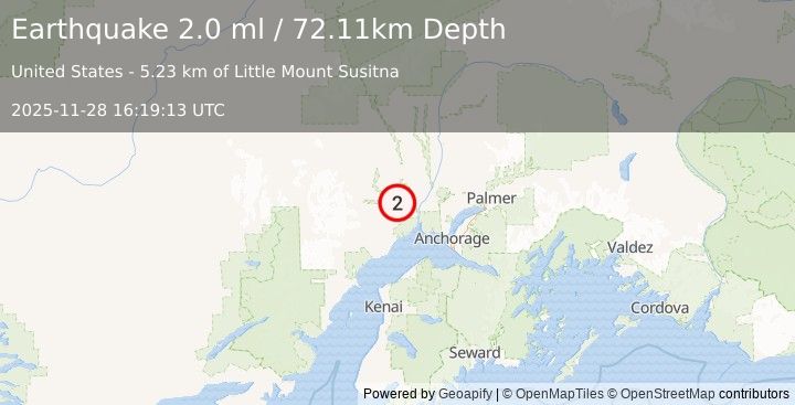 Earthquake 24 km W of Susitna, Alaska (2.0 ml) (2025-11-28 16:19:13 UTC)