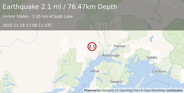 Earthquake 46 km S of Skwentna, Alaska (2.1 ml) (2025-11-28 17:00:11 UTC)