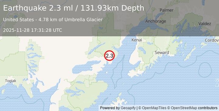 Earthquake 53 km ENE of Pedro Bay, Alaska (2.3 ml) (2025-11-28 17:31:28 UTC)