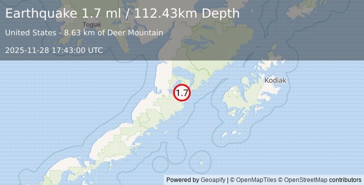 Earthquake 56 km E of Ugashik, Alaska (1.7 ml) (2025-11-28 17:43:00 UTC)