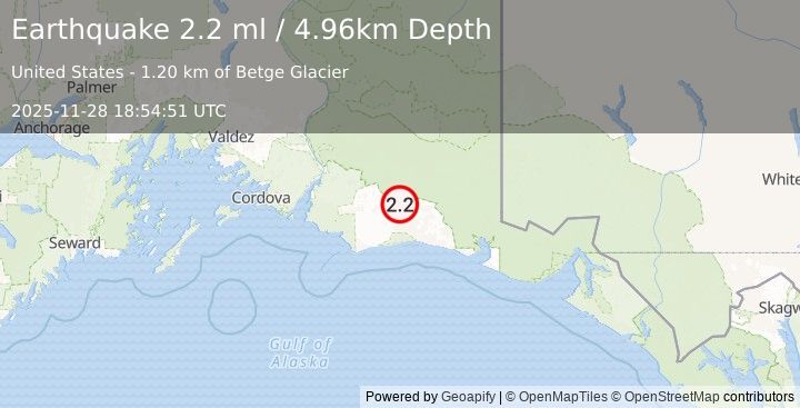 Earthquake 106 km S of McCarthy, Alaska (2.2 ml) (2025-11-28 18:54:51 UTC)