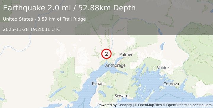 Earthquake 8 km NNW of Susitna, Alaska (2.0 ml) (2025-11-28 19:28:31 UTC)