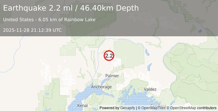 Earthquake 30 km ENE of Susitna North, Alaska (2.2 ml) (2025-11-28 21:12:39 UTC)