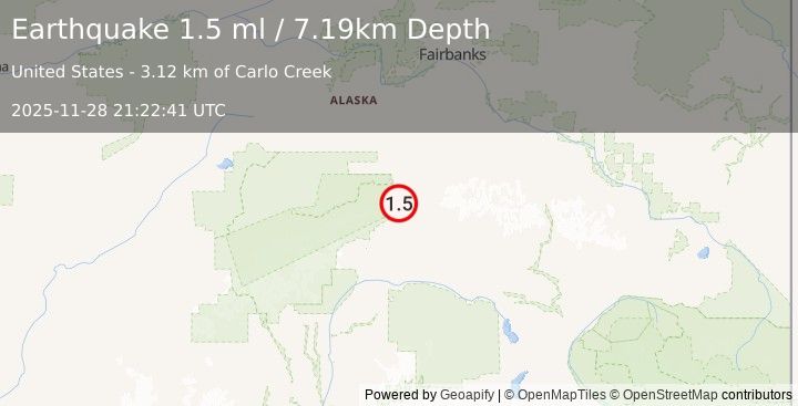 Earthquake 19 km NNE of Cantwell, Alaska (1.5 ml) (2025-11-28 21:22:41 UTC)