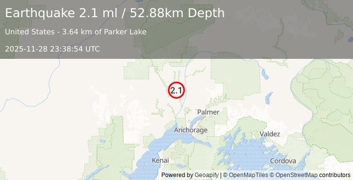 Earthquake 32 km SSW of Trapper Creek, Alaska (2.1 ml) (2025-11-28 23:38:54 UTC)