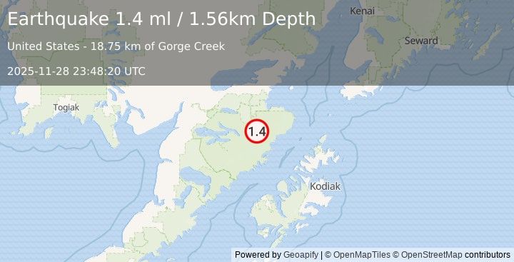 Earthquake 85 km S of Kokhanok, Alaska (1.4 ml) (2025-11-28 23:48:20 UTC)
