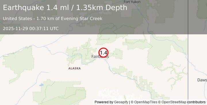 Earthquake 7 km E of Fox, Alaska (1.4 ml) (2025-11-29 00:37:11 UTC)