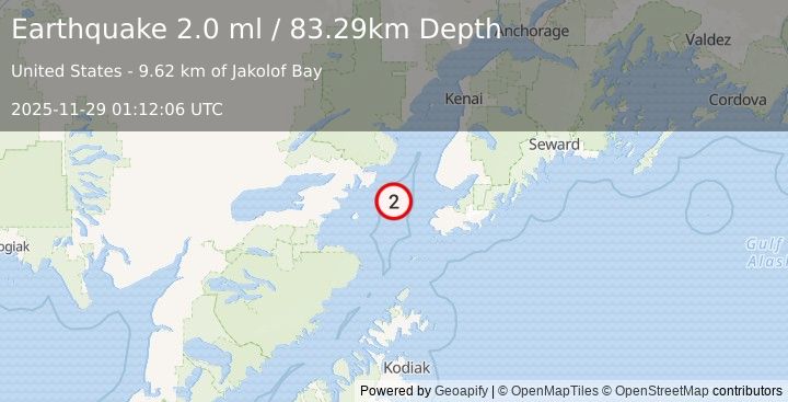 Earthquake 45 km WNW of Nanwalek, Alaska (2.0 ml) (2025-11-29 01:12:06 UTC)