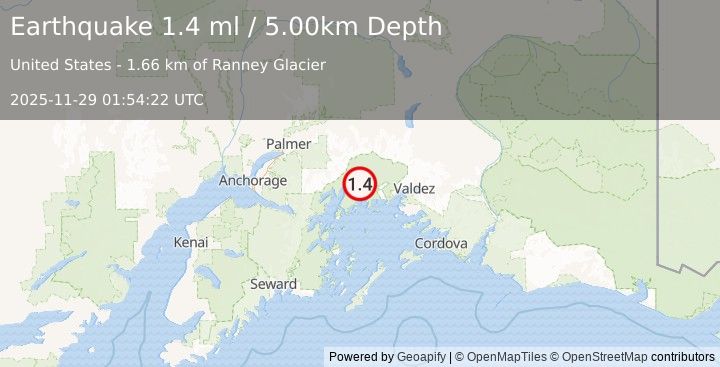 Earthquake 58 km NW of Tatitlek, Alaska (1.4 ml) (2025-11-29 01:54:22 UTC)