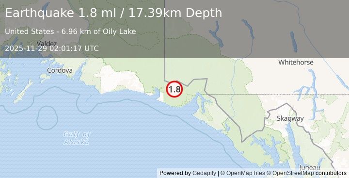 Earthquake 79 km NW of Yakutat, Alaska (1.8 ml) (2025-11-29 02:01:17 UTC)