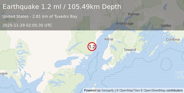 Earthquake 61 km WNW of Ninilchik, Alaska (1.2 ml) (2025-11-29 02:05:35 UTC)
