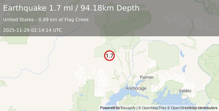 Earthquake 44 km NNW of Skwentna, Alaska (1.7 ml) (2025-11-29 02:14:14 UTC)