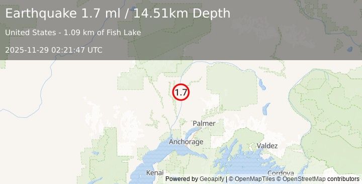Earthquake 8 km S of Talkeetna, Alaska (1.7 ml) (2025-11-29 02:21:47 UTC)