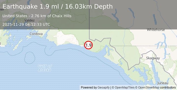 Earthquake 93 km NW of Yakutat, Alaska (1.9 ml) (2025-11-29 04:12:33 UTC)