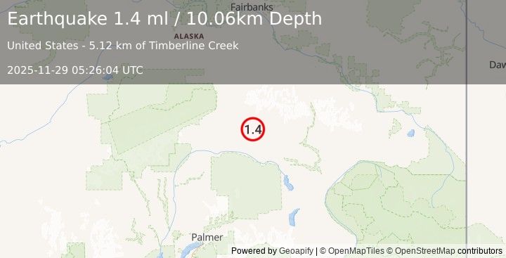 Earthquake 68 km ESE of Cantwell, Alaska (1.4 ml) (2025-11-29 05:26:04 UTC)