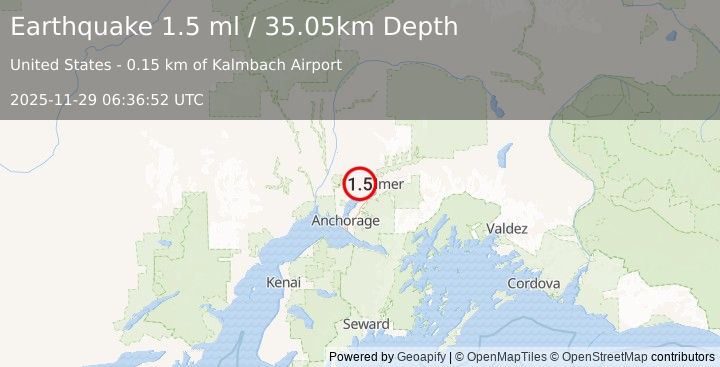 Earthquake 2 km SSE of Meadow Lakes, Alaska (1.5 ml) (2025-11-29 06:36:52 UTC)