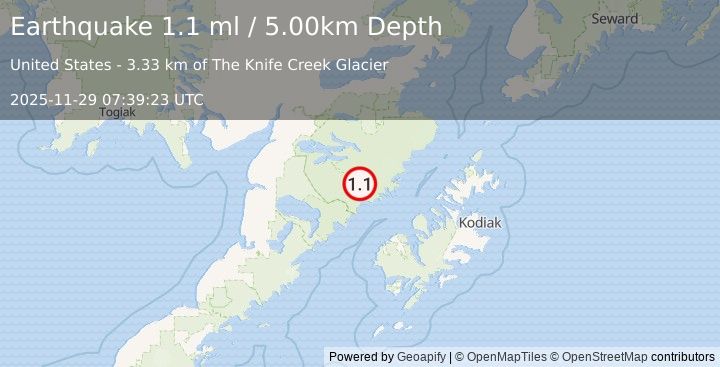 Earthquake 82 km NNW of Karluk, Alaska (1.1 ml) (2025-11-29 07:39:23 UTC)