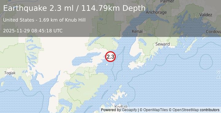 Earthquake 54 km ESE of Pedro Bay, Alaska (2.3 ml) (2025-11-29 08:45:18 UTC)