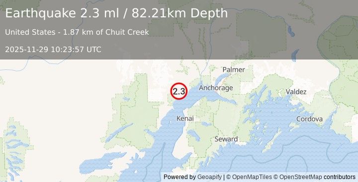 Earthquake 22 km WNW of Tyonek, Alaska (2.3 ml) (2025-11-29 10:23:57 UTC)