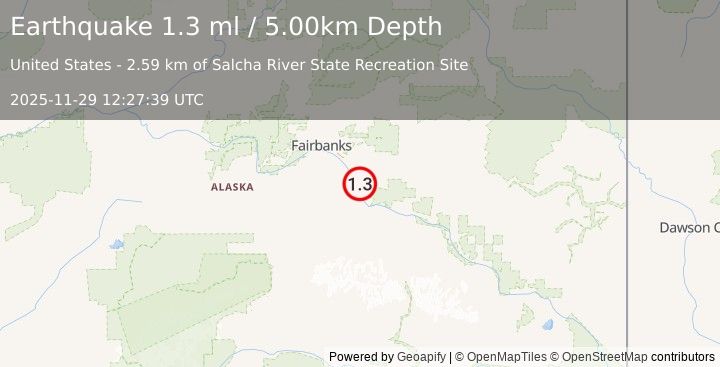 Earthquake 5 km SSE of Salcha, Alaska (1.3 ml) (2025-11-29 12:27:39 UTC)