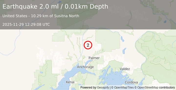 Earthquake 10 km ESE of Susitna North, Alaska (2.0 ml) (2025-11-29 12:29:08 UTC)