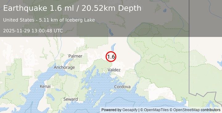 Earthquake 46 km SSE of Nelchina, Alaska (1.6 ml) (2025-11-29 13:00:48 UTC)