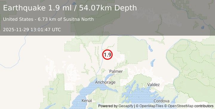 Earthquake 6 km ENE of Susitna North, Alaska (1.9 ml) (2025-11-29 13:01:47 UTC)