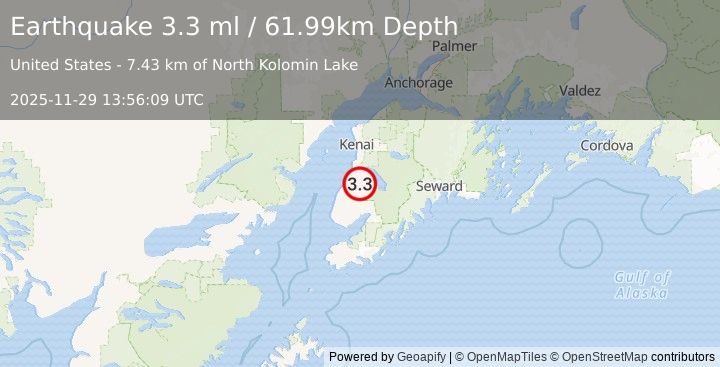 Earthquake 16 km SE of Clam Gulch, Alaska (3.3 ml) (2025-11-29 13:56:09 UTC)