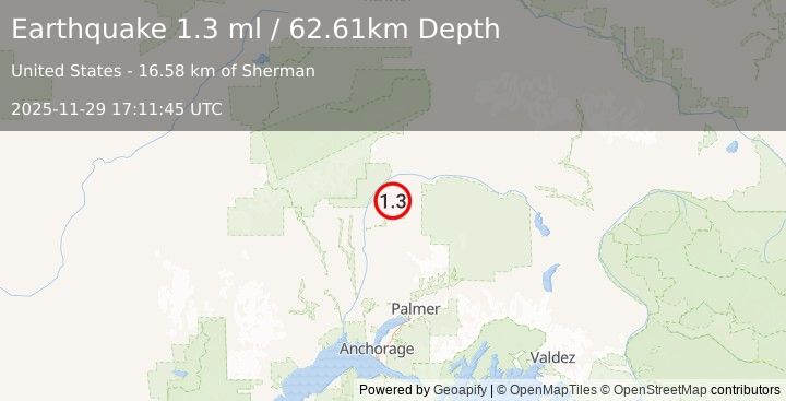 Earthquake 33 km ENE of Chase, Alaska (1.3 ml) (2025-11-29 17:11:45 UTC)