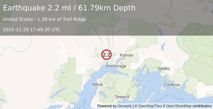 Earthquake 9 km NNW of Susitna, Alaska (2.2 ml) (2025-11-29 17:49:30 UTC)