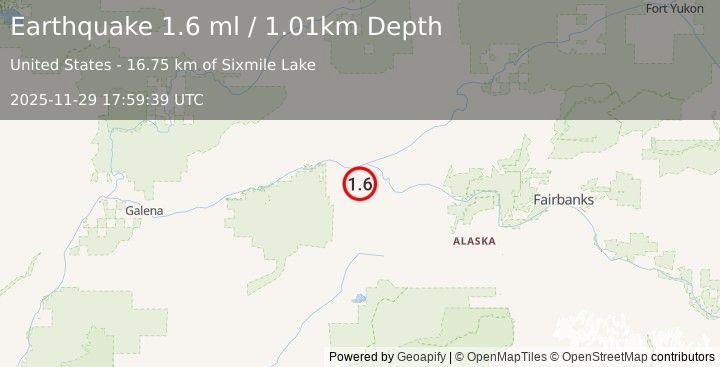 Earthquake 21 km SSW of Tanana, Alaska (1.6 ml) (2025-11-29 17:59:39 UTC)