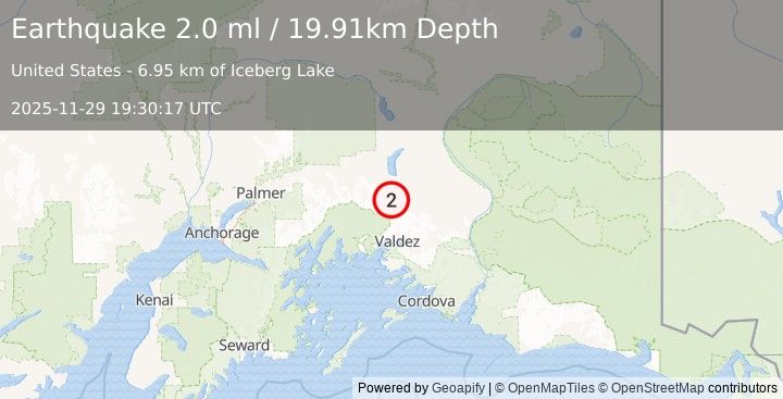 Earthquake 45 km N of Valdez, Alaska (2.0 ml) (2025-11-29 19:30:17 UTC)