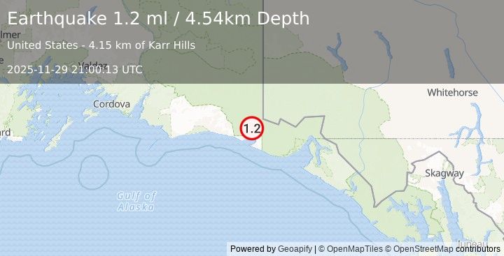 Earthquake 114 km NW of Yakutat, Alaska (1.2 ml) (2025-11-29 21:00:13 UTC)