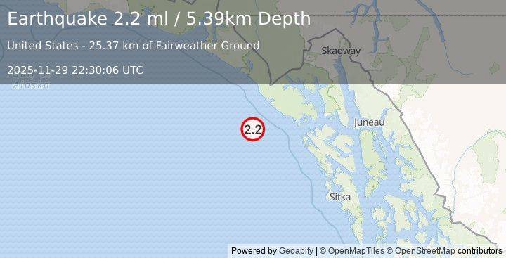 Earthquake 101 km W of Elfin Cove, Alaska (2.2 ml) (2025-11-29 22:30:06 UTC)