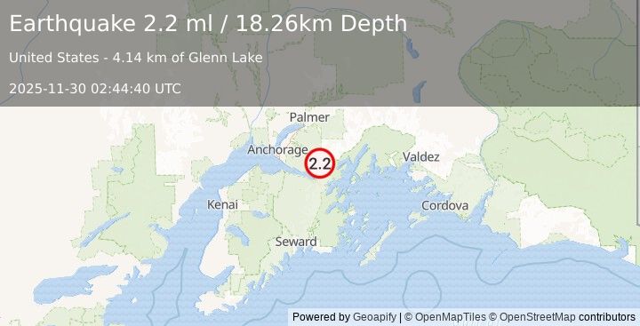 Earthquake 21 km NE of Girdwood, Alaska (2.2 ml) (2025-11-30 02:44:40 UTC)