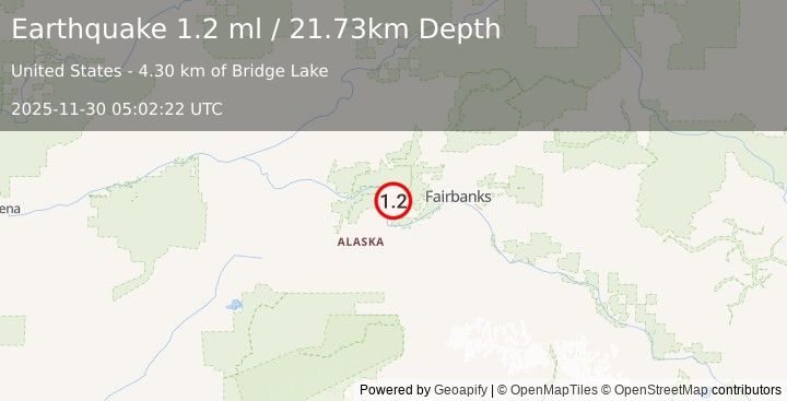 Earthquake 22 km NNE of Four Mile Road, Alaska (1.2 ml) (2025-11-30 05:02:22 UTC)