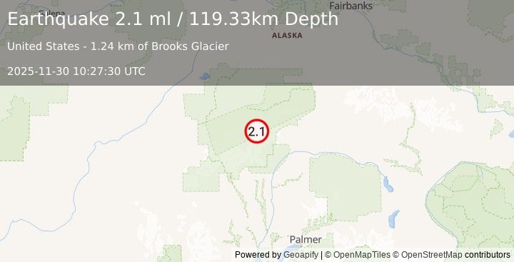 Earthquake 71 km SE of Denali National Park, Alaska (2.1 ml) (2025-11-30 10:27:30 UTC)