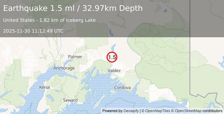 Earthquake 47 km SSE of Nelchina, Alaska (1.5 ml) (2025-11-30 11:12:49 UTC)