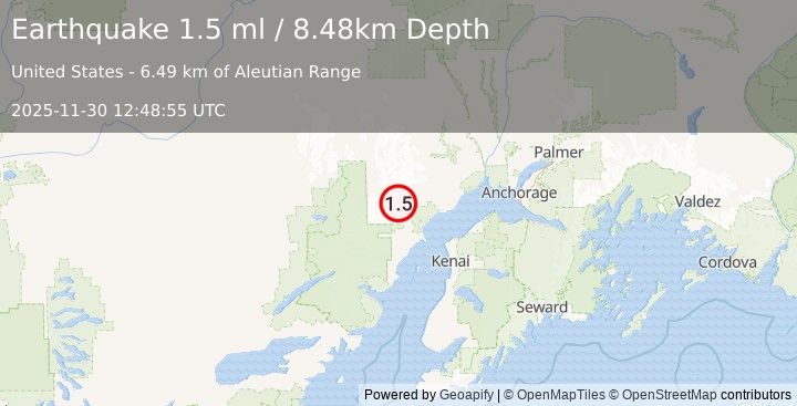 Earthquake 62 km W of Tyonek, Alaska (1.5 ml) (2025-11-30 12:48:55 UTC)